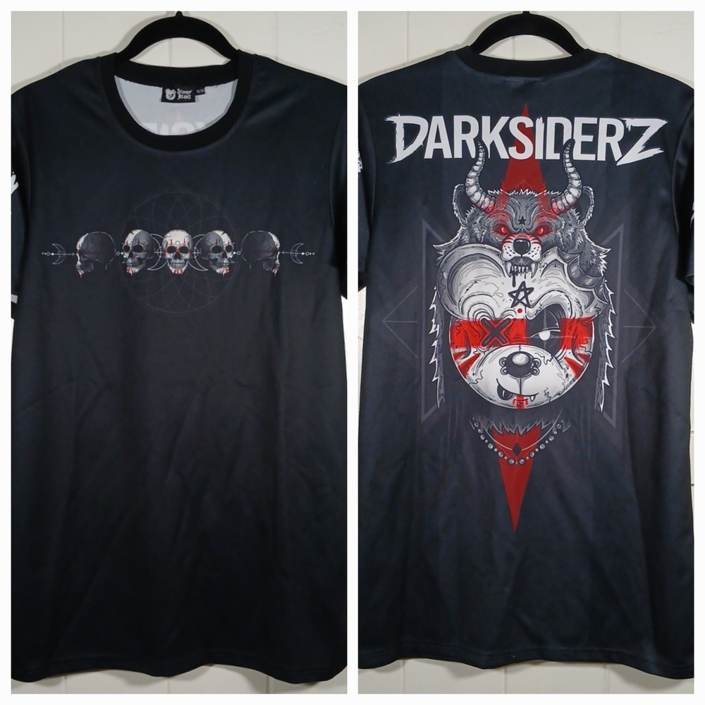 Scummy Bears Shirt Darksiderz Graphic Tee‎ Men's XS Black Gothic Skulls AOP SS
